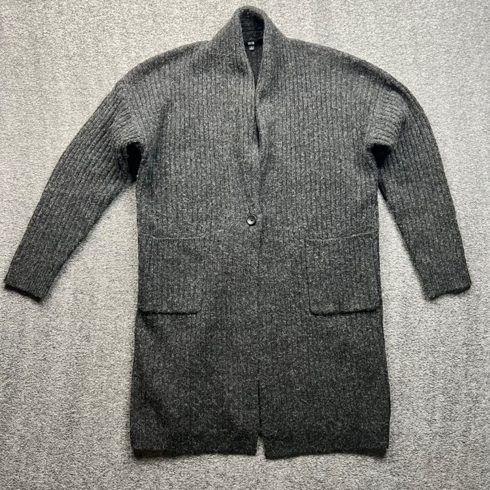 Uniqlo Cardigan Womens Small Grey 100% Wool Ribbed Knit Longline Shawl Sweater